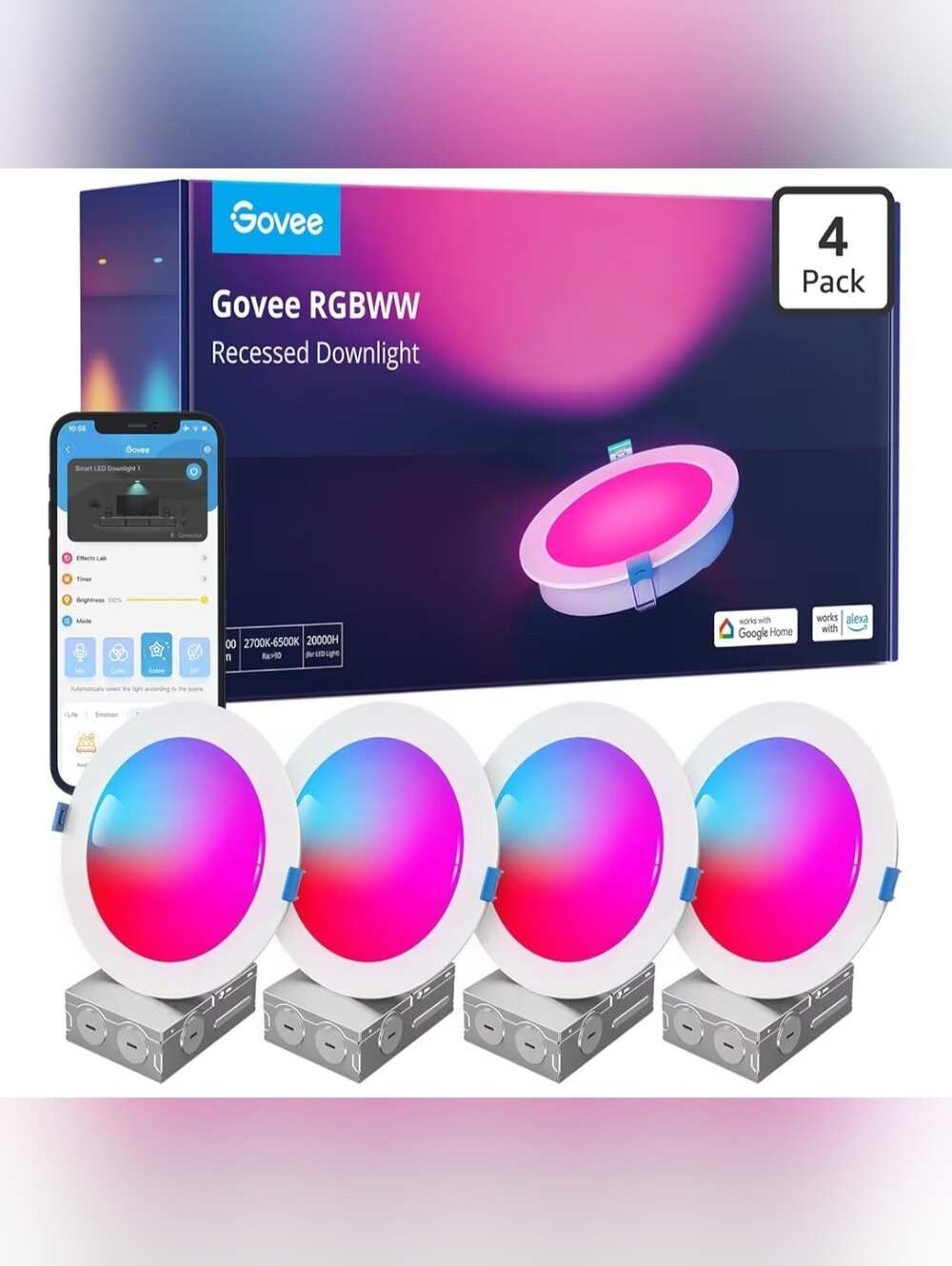 ​NEW Govee 6" Canless Smart Recessed Lighting 4-Pack 1100LM RGBWW Wi-Fi